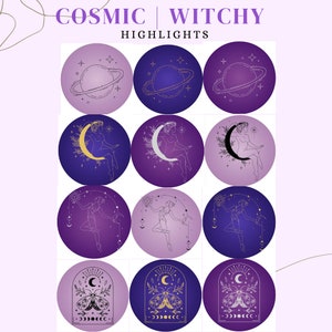 May include: A collection of twelve circular graphics with a cosmic and witchy theme. Each circle features illustrations of planets, celestial figures, and crescent moons in shades of purple, blue, and gold. The text "COSMIC | WITCHY HIGHLIGHTS" is at the top.
