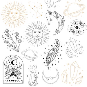 DIGITAL Cosmic Witchy Celestial PNG SVG Files File Pack Witch Crystal Sun Moon Planet Constellation Butterfly Moth Line Art Tarot Download