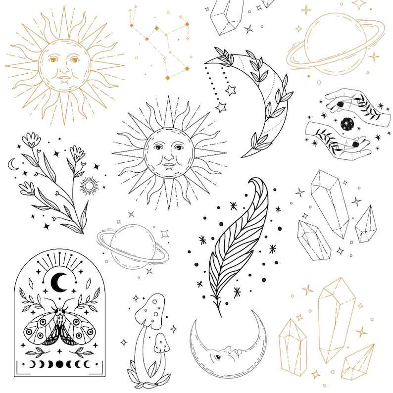 Series of witchy and cosmic line art images