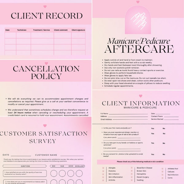 Nail Tech Business Client Forms Cards Consultation Cancellation Policy Aftercare Printable Customer Satisfaction Survey Beauty Salon PNG