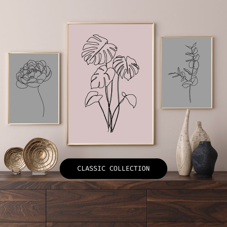Image showcasing 6 Plants Line Art Wall Set / Printable Boho Print Pack Bundle / Sage ...