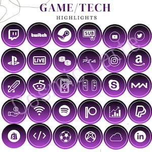 May include: A collection of purple and white circular icons with gaming and tech symbols. The icons include Twitch, Steam, YouTube, PlayStation, Instagram, Amazon, and more. The text "GAME/TECH HIGHLIGHTS" is at the top.