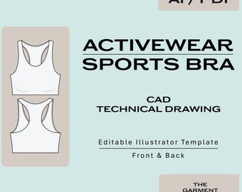 Activewear Crop Top Tech Pack, Fashion Flat Template, Adobe Illustrator Clothing Design, Sports Bra CAD Drawing, Editable AI and PDF