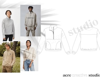 Unisex 1/2 Zip Sweatshirt Tech Pack, Fashion Flat Template, Adobe Illustrator Clothing Design, Zip Up CAD Drawing, Editable AI and PDF