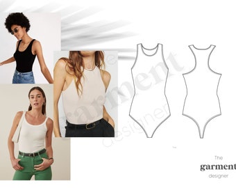 Paquete técnico para body de mujer, plantilla plana de moda, diseño de ropa en Adobe Illustrator, dibujo CAD de body, archivos AI y PDF editables.