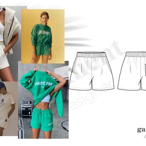 Könnte beinhalten: Ein Flatlay-Bild, das verschiedene Stile von Damen-Shorts zeigt. Die Shorts sind alle aus einem weichen, bequemen Stoff gefertigt und in verschiedenen Farben erhältlich, darunter Weiß, Grün und Beige. Die Shorts werden mit verschiedenen Oberteilen gezeigt, darunter ein weißes Tanktop, ein grünes Sweatshirt und ein beiges T-Shirt. Das Bild zeigt auch eine Strichzeichnung einer Shorts mit einer Tasche.