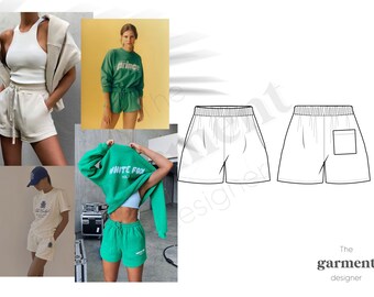 Paquete técnico de pantalones cortos deportivos, plantilla plana de moda, diseño de ropa en Adobe Illustrator, dibujo CAD de pantalones cortos, archivos AI y PDF editables.