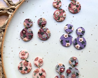 Floral Statement Earrings - Handmade, Lightweight Polymer Clay Stainless Steel Dangles - Flower, Gold, Spring, Delicate, Bead, Bright, Muted