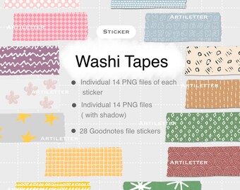 May include: A set of 14 digital washi tape designs in various colors and patterns. The designs include polka dots, stars, waves, and geometric shapes. The text "Washi Tapes" is written in a large font at the top of the image. The text "Individual 14 PNG files of each sticker" is written below the title. The text "Individual 14 PNG files (with shadow)" is written below the first text. The text "28 Goodnotes file stickers" is written below the second text.