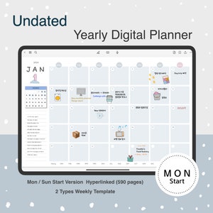 Könnte beinhalten: Ein digitaler Planer mit blau-weißem Design. Der Planer ist undatiert und enthält einen Kalender für Januar. Der Kalender zeigt verschiedene Illustrationen und Text in koreanischer Sprache. Der Planer ist für die Verwendung mit einem Tablet oder Computer konzipiert.