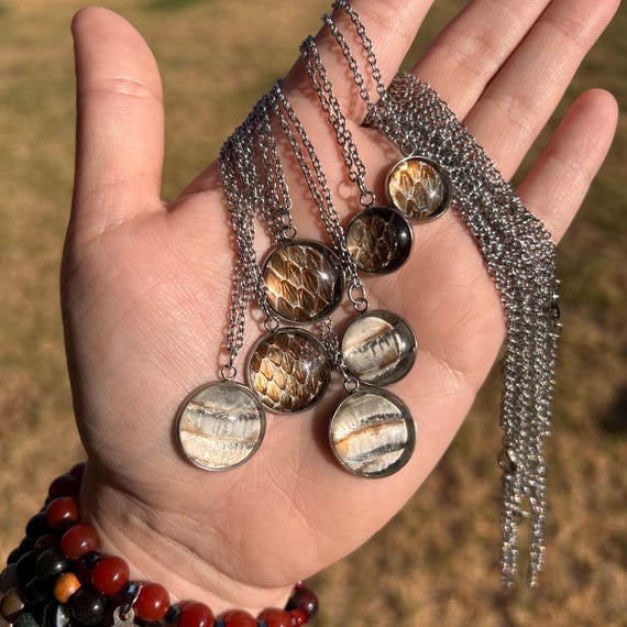 A necklace made from an actual shed snakeskin encased in steel — wearable natural oddity that's genuinely one-of-a-kind since no two sheds are alike.