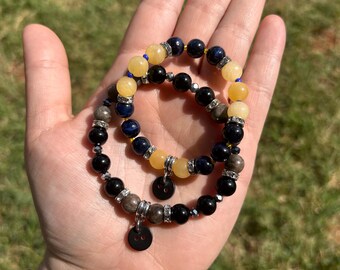 Coraline Inspired Crystal Bracelet Set | Coraline | Blue Tigers Eye, Honey Calcite, Black Obsidian & Larvikite | Crystal Bracelets