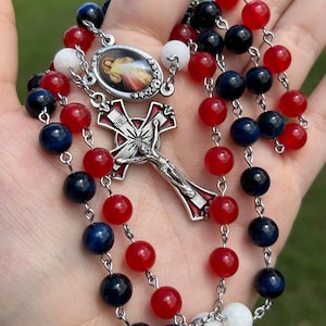 Divine Mercy Chaplet | Chalcedony, Blue Tigers Eye & White Quartz | Includes Velvet Pouch + FREE SHIPPING!
