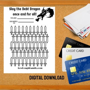 Slay the Debt Dragon Debt Payoff Tracker, druckbare Tabelle zur Hilfe bei der Bezahlung von Arztrechnungen, Kreditkarten, Studentendarlehen und Autozahlungen