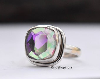 Anillo de cuarzo con aura de ángel: piedra preciosa bohemia de plata de ley 925