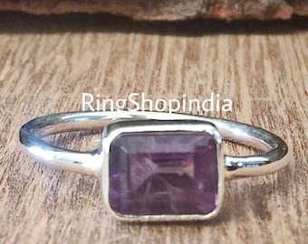 Amethyst Sterling Silver Ring: Handmade Rectangle Stone, February Birthstone