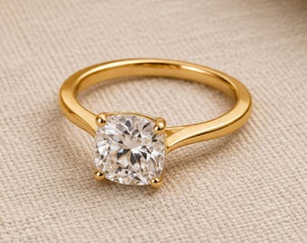 Cushion Moissanite Diamond Engagement Ring, 14k Yellow Gold Plated Ring, 925 Solid Sterling Silver