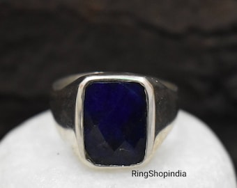 Blue Sapphire Ring, Sterling Silver Jewelry, Faceted Rectangle Shape Sapphire Gemstone Signet Ring, Anniversary Gift