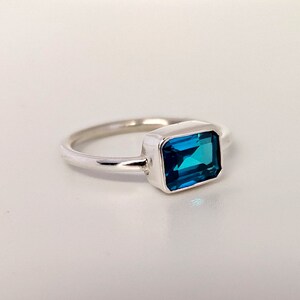 Emerald Cut Blue Topaz Ring: Minimalist 925 Sterling Silver