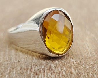 Men's Signet Citrine Ring: 925 Sterling Silver, 22k Gold Fill