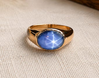 Oval Blue Star Sapphire Ring, 14k Yellow Gold Plated, 925 Solid Sterling Silver, Bohemian Ring
