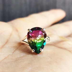 Handmade Watermelon Tourmaline Stone 925 Sterling Silver Ring For Women, Pear Shape Gemstone Ring Gift For Partner