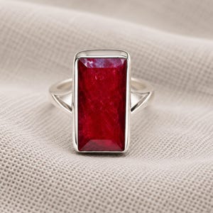Ruby Statement Ring, 925 Sterling Silver, Minimalist Rectangular Cut Gemstone Ring, Handmade Jewelry