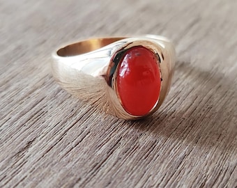 Handmade Red Coral Signet Ring: 925 Sterling Silver, Copper, Rose
