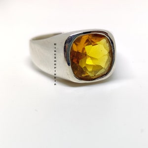 Citrien herenring, damesring, 925 massief zilveren ring, 22k gouden vulling, zegelring edelsteen, ring gele citrien, kussenvorm, cadeauring