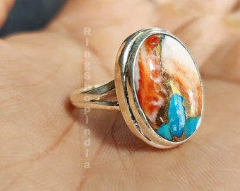 Oyster Copper Turquoise Oval Shape Stone Ring, Gemstone Ring for Women, 925 Solid Sterling Silver Jewelry