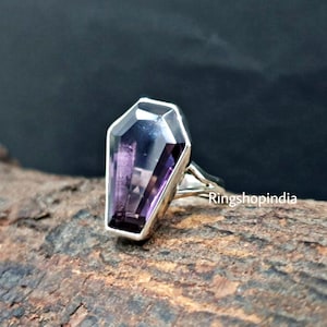 Coffin Ring, Amethyst Ring, Coffin Shape Gemstone Ring, 925 Solid Sterling Silver Ring, Handmade Ring, Gift for Partner