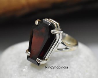 Coffin Ring, Garnet Ring, Women Ring, 925 Solid Sterling Silver Ring, Coffin Shape Ring, Gemstone Ring, Statement Ring, Gift for her
