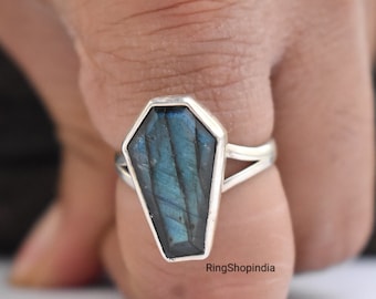 Labradorite Ring, 925 Solid Sterling Silver Ring, Coffin Ring, Labradorite Gemstone, Women Jewelry, Gift for her