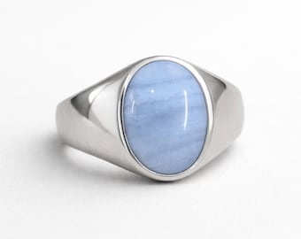 Blue Lace Agate Signet Ring, 925 Solid Silver, 22k Gold fill, Mens Women Ring, Gift for Her, Handmade Jewelry