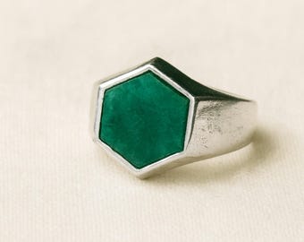 Hexagon Emerald Signet Ring: 925 Solid Sterling Silver, Handmade Pure Copper Ring