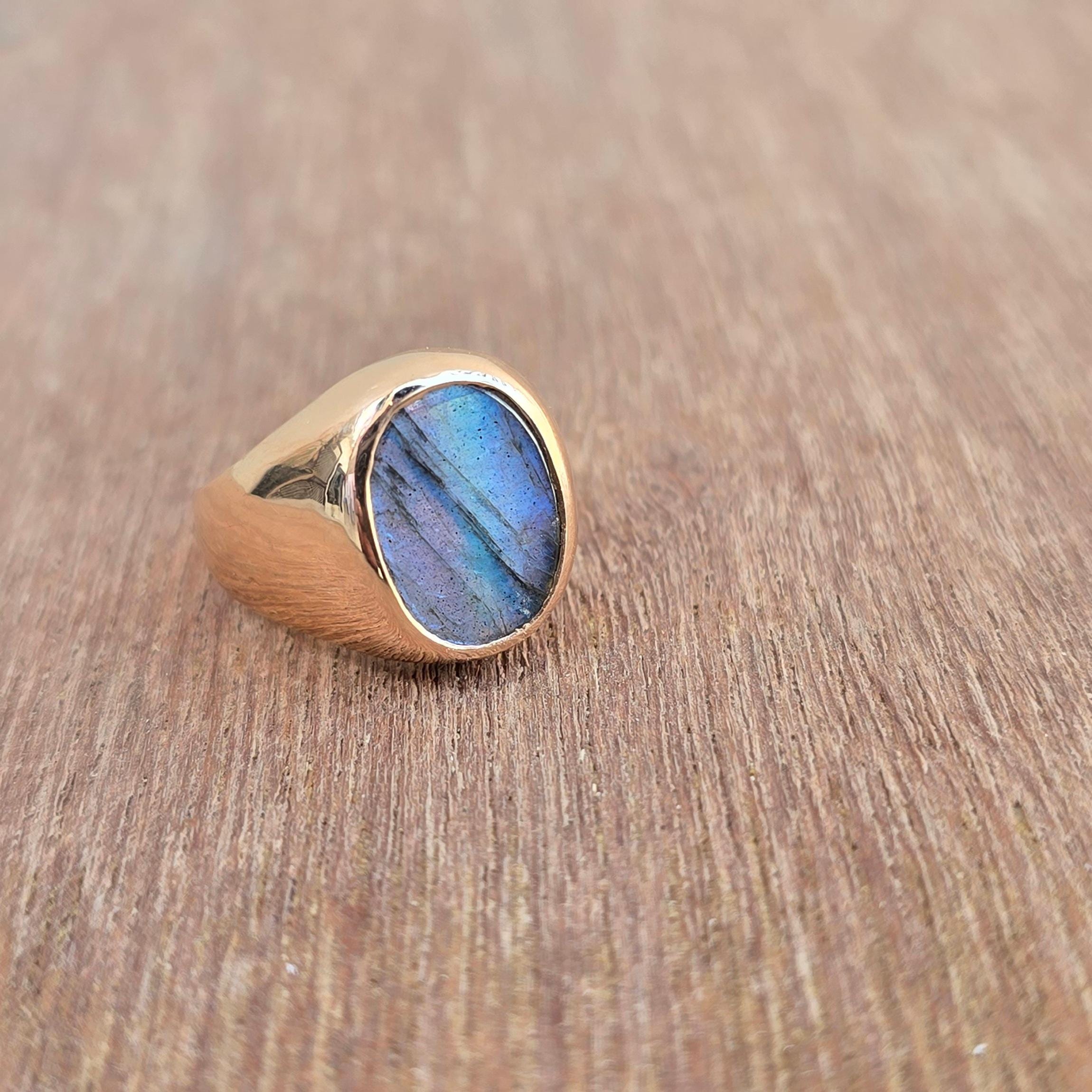 Handmade Labradorite Signet Ring: 925 Sterling Silver, Gray Blue 