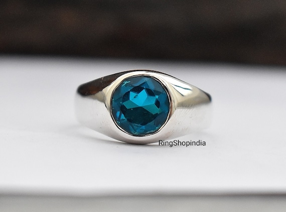 Blue Topaz Ring, Mens Ring, 925 Solid Sterling Silver Ring, 22k