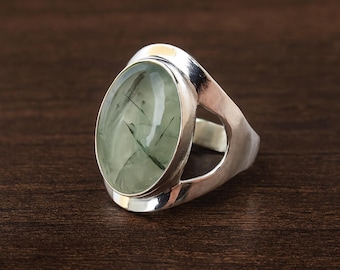 Oval Prehnite Silver Ring, Handcrafted Sterling Silver Jewelry, Gift for Her, Elegant Nature-Inspired Accessory