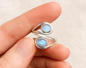 Rainbow Moonstone Ring, 925 Sterling Silver, Adjustable Wrap Ring, Double Stone Boho Jewelry, June Birthstone