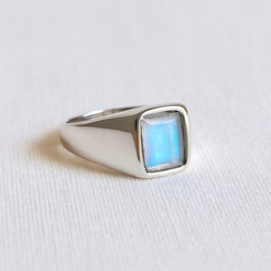 Rainbow Moonstone Ring: 925 Sterling Silver Emerald Cut Signet
