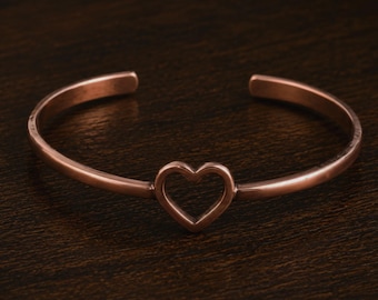 Minimalist Pure Copper Bangle, Heart Copper Bracelet, Adjustable Handmade Bangle, Gift for Her
