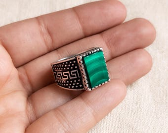 Green Malachite Signet Ring: Handmade Mens Women Heavy Ring, Detailed Greek Border 925 Solid Sterling Silver Jewelry