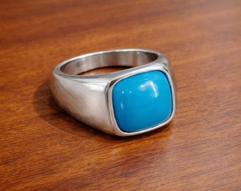 Cushion Turquoise Signet Ring, Solid Sterling Silver, Handmade Statement Jewelry