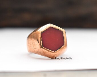 Hexagon Ruby Signet Ring: Heavy 925 Sterling Silver, Bohemian Copper Ring