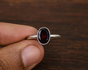 Natural Red Garnet Ring,925 Sterling Silver, Handmade Oval Cut Gemstone, Minimalist January Birthstone Jewelry