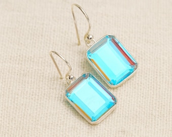 Angel Aura Quarz Baumeln Ohrringe, Smaragd geschnitten Regenbogen Kristall Ohrringe, 925 Sterling Silber, Boho handgemachten Schmuck