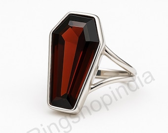 Coffin Ring, Garnet Ring, Gemstone Ring, Red Garnet Coffin Ring, 925 Solid Sterling Silver Ring, Handmade Ring, Gift For Partner,
