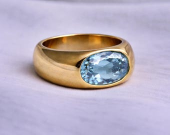 Aquamarine Dome Ring, 925 Solid Sterling Silver, Gemstone Ring, Signet Ring for Men Women, Handmade Jewelry, Yellow Gold Ring