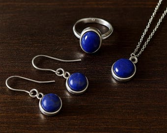 Sterling Silver Lapis Lazuli Jewelry Set, Handcrafted Natural Blue Gemstones