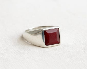 Chevalière rubis naturel : argent sterling massif 925, pierre précieuse carrée de 10 mm, bague en cuivre pur